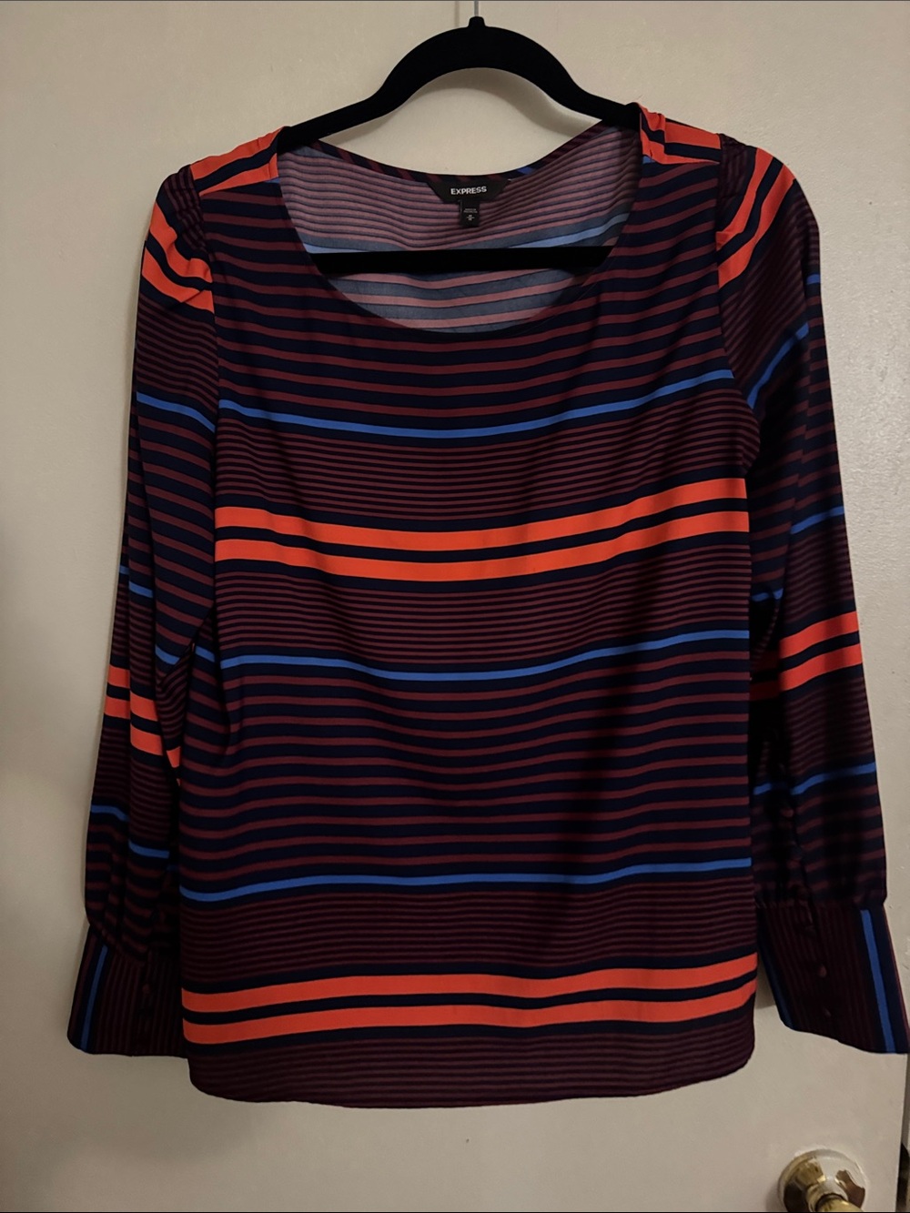 Express Women's Long-Sleeve Striped Top - Navy, Orange & Blue
